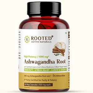Rooted Actives Ashwagandha extract (5% Withanolides 60 Caps, 500 mg) with Lions Mane & Black pepper extract | Stress Relief,Cardio & Energy,Immunity,Brain Health