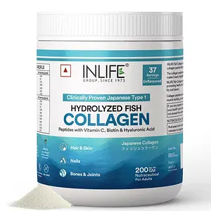 INLIFE Hydrolyzed Marine Fish Collagen Peptides Powder, Clinically Proven & Patented Ingredient with 90% Protein Per Serving, Skin Health, Bone Health for Men Women, Type 1 Collagen 200g (Unflavoured)