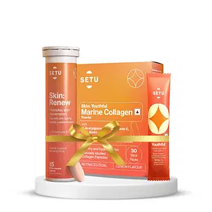 Setu Skin Youthful Collagen Powder | 30 Lemon Flavoured Sachets & Setu Skin Renew Glutathione |Orange Flavour | 15 Effervescent Tablets