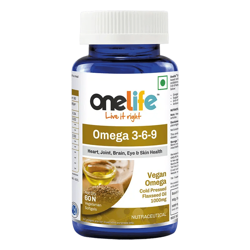 

Onelife Omega 3-6-9, Vegan Omega Cold Pressed Organic Flaxseed Oil 1000 mg Support Cardiovascular, Joint, Brain, Eye & Skin, Cholesterol Free - Veg...
