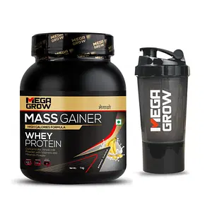 MegaGrow Mass Gainer Whey Protein Banana Flavoured with Shaker (10 servings) - Pack of 1 Kg