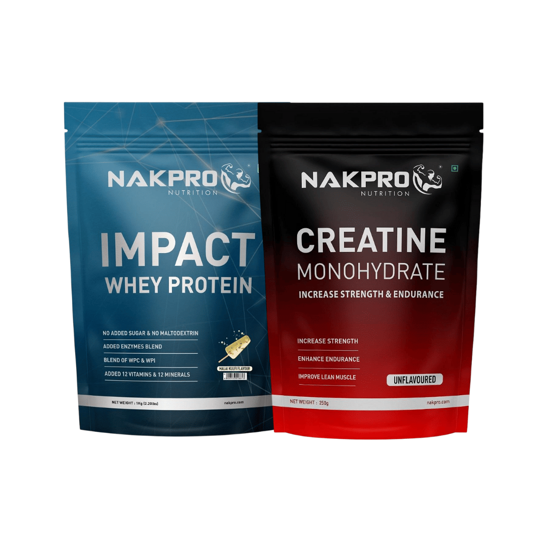 

NAKPRO Impact Whey Protein 1kg | Isolate & Concentrate | 24g Protein & 4.9g BCAA | Malai Kulfi Flavour | NAKPRO Micronised Creatine Monohydrate Pow...