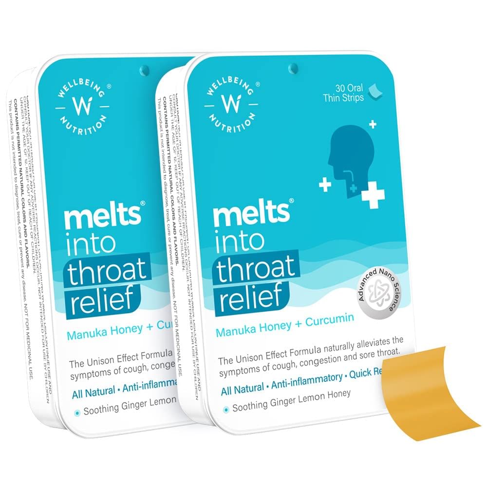 

Wellbeing Nutrition Melts instant Throat Relief with 100% Natural Tulsi Manuka Honey Clove Licorice Curcumin Ginger Mint| Alleviates Cough Sore Thr...