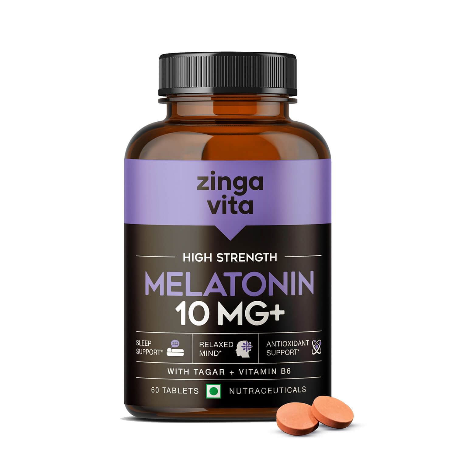 

Zingavita Plant Based Melatonin 10mg Tablets (60 Count) | With Tagar & Vitamin B6 | Safe & Non Habit Forming Supplement | Promotes Restful Sleep