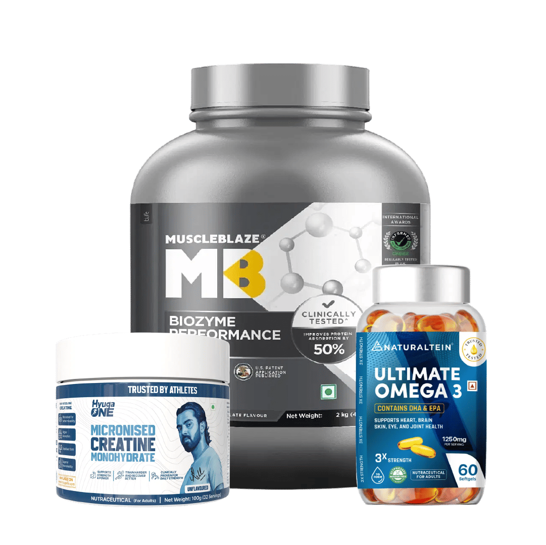 MuscleBlaze Biozyme Whey Protein 2kg Rich Chocolate + Hyuga Micronised Creatine Monohydrate 100g + Naturaltein Omega 3 60 Capsules | Muscle Gain, Strength & Recovery Combo Pack-image-17