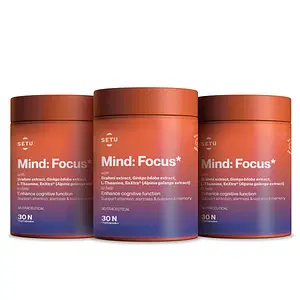 Setu Mind Focus Capsules - 30 Caps (Pack of 3) L-Theanine, Brahmi & Ginkgo Biloba, Brain Booster - Helps Improve Focus, Alertness