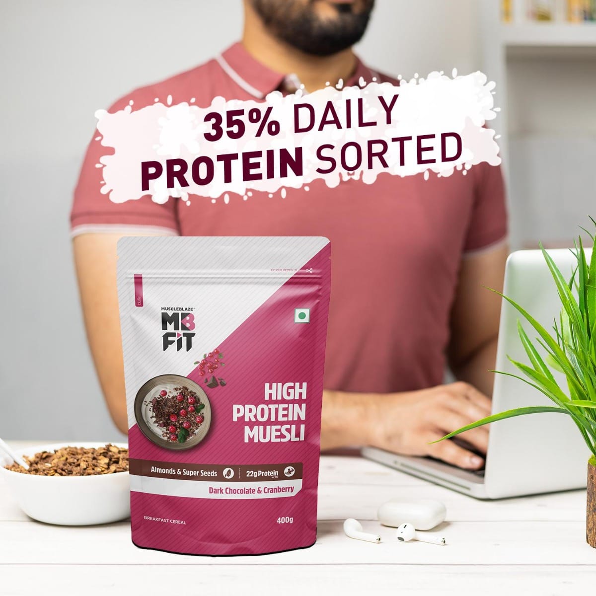 MuscleBlaze MB High Protein Muesli, Dark Chocolate & Cranberry, 22 g