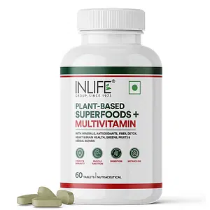 INLIFE Plant Based Multivitamin Tablets for Men & Women | 75+ Ingredients with Vitamins B12, D3 etc, Superfoods, Greens, Vegetables, Fruits & Herbs Supplement for Immunity & Energy - 60 Tablets