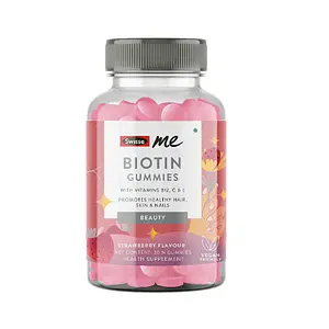 SwisseMe Biotin Gummies With Vitamin B12, C & E, Promotes Healthy Hair, Skin & Nails, No Added Sugar & 100% Vegan, Straeberry Flavour - 30 Gummies