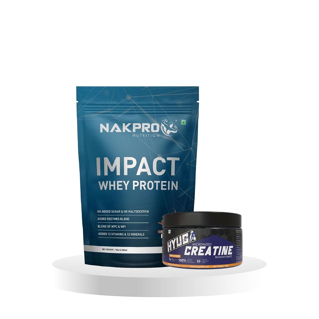 NAKPRO Impact Whey Protein 1kg | Isolate & Concentrate | 24g Protein & 4.9g BCAA | Hyuga Micronized Creatine Monohydrate 100g