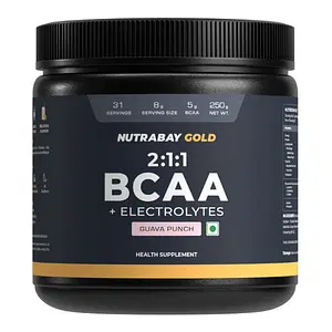 Nutrabay Gold BCAA 2:1:1 with Electrolytes - 5g Vegan BCAAs, Pre/Post Workout Energy Drink - 250g, Guava