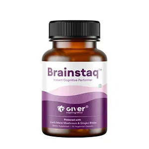 Giver Nutrition Brainstaq Lions Mane Mushroom Nootropic Supplement - For Focus, Memory, Mental Clarity, Stress & Anxiety Relief - Ashwagandha, Gingko Biloba with Caffeine & L Theanine (1:2 Ratio) for Smooth Energy (One Month Pack of 30 Veg Capsules)