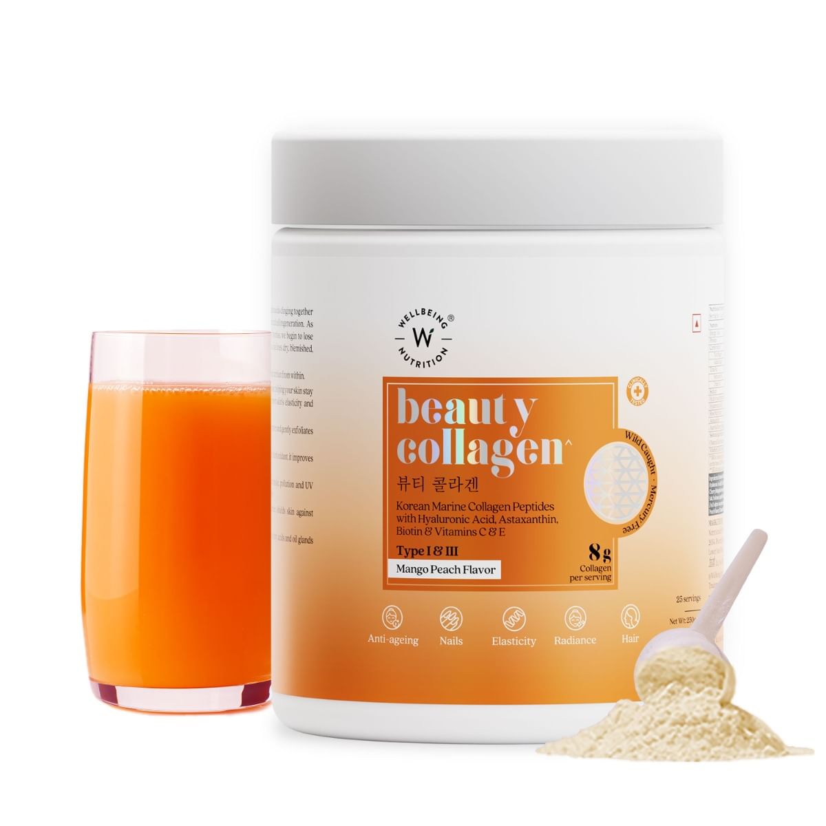 

Wellbeing Nutrition Beauty Collagen 250g | 25 Serving | Mango Peach Flavor | Anti-Aging | Hair | Nails | Skin