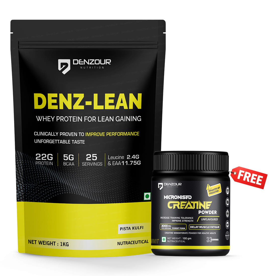 Denz Lean Whey Protein 1kg. Pista Kulfi Flavour + Free Creatine Unflavoured 100g