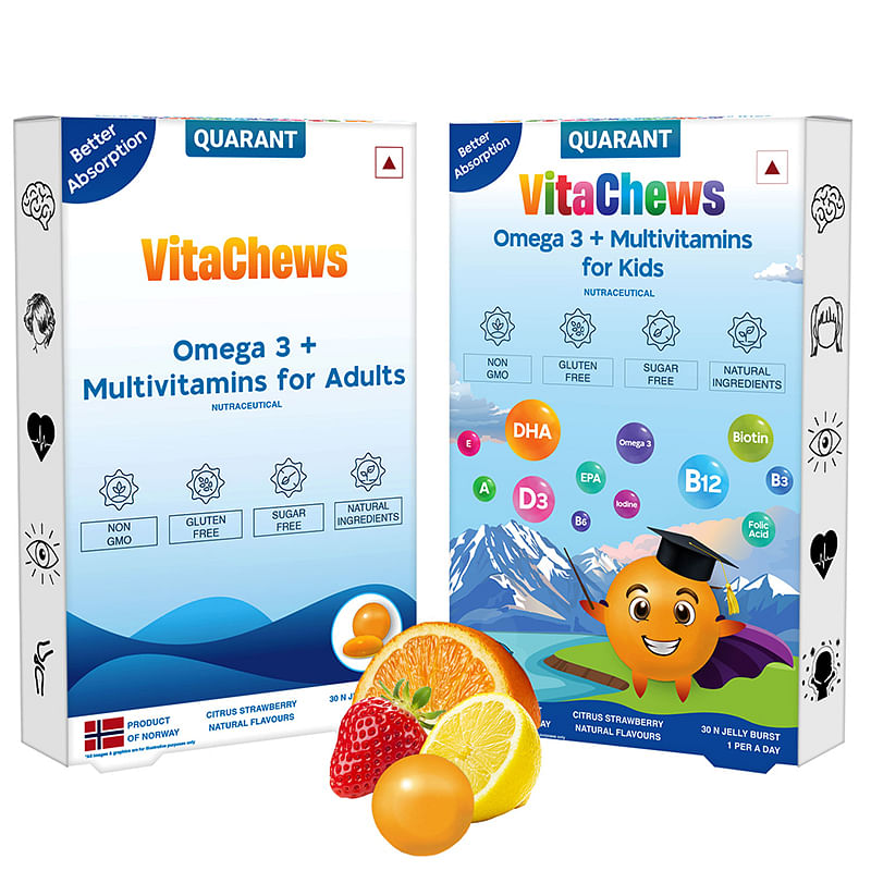 

QUARANT VitaChews Omega 3 + Multivitamin for Adults & Kids Combo, Fish Oil, Biotin, Vitamin B12 D3 E B3 B6 A C, Iodine & Folic Acid for Overall Hea...