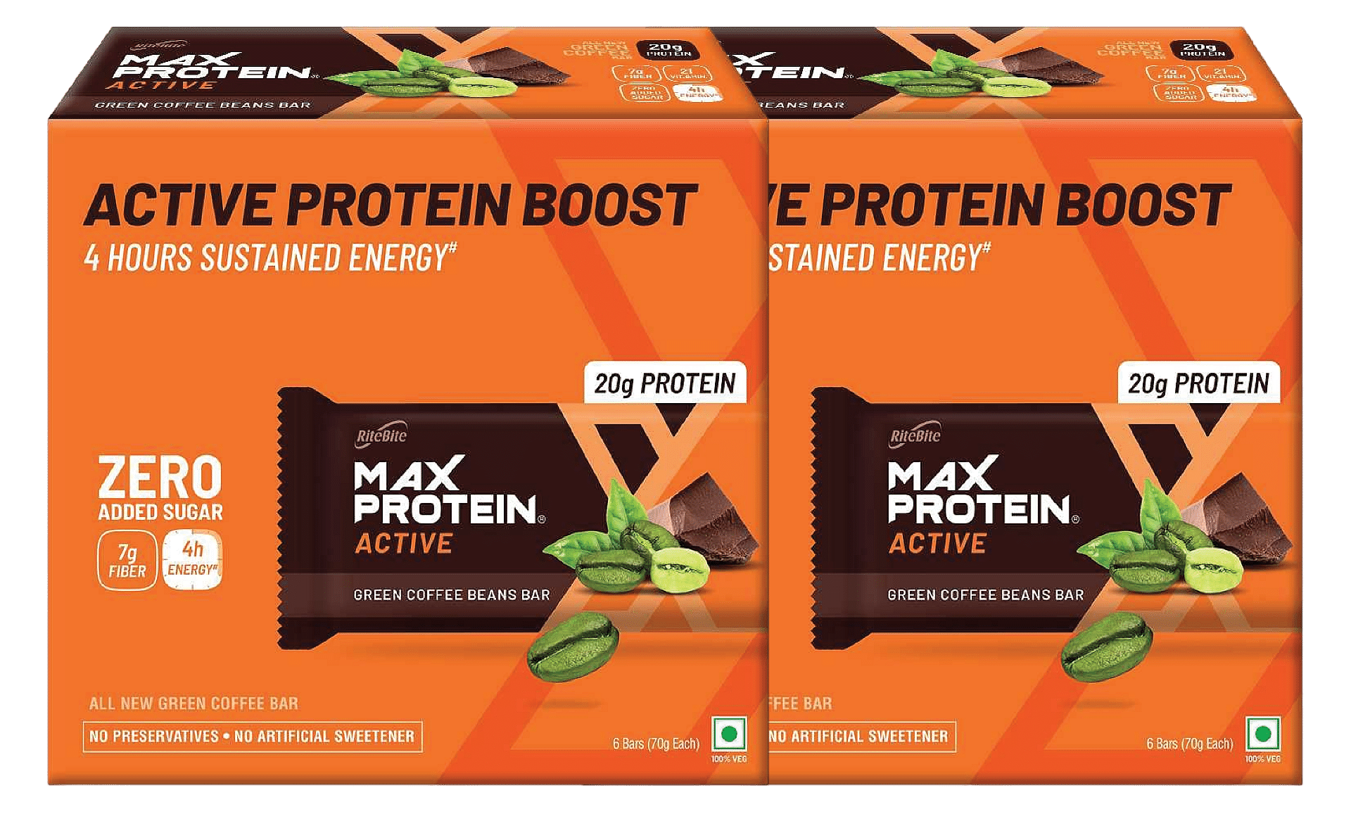 

RiteBite Max Protein Active Green Coffee Beans | 6 Bars, 420 g | Pack of 2