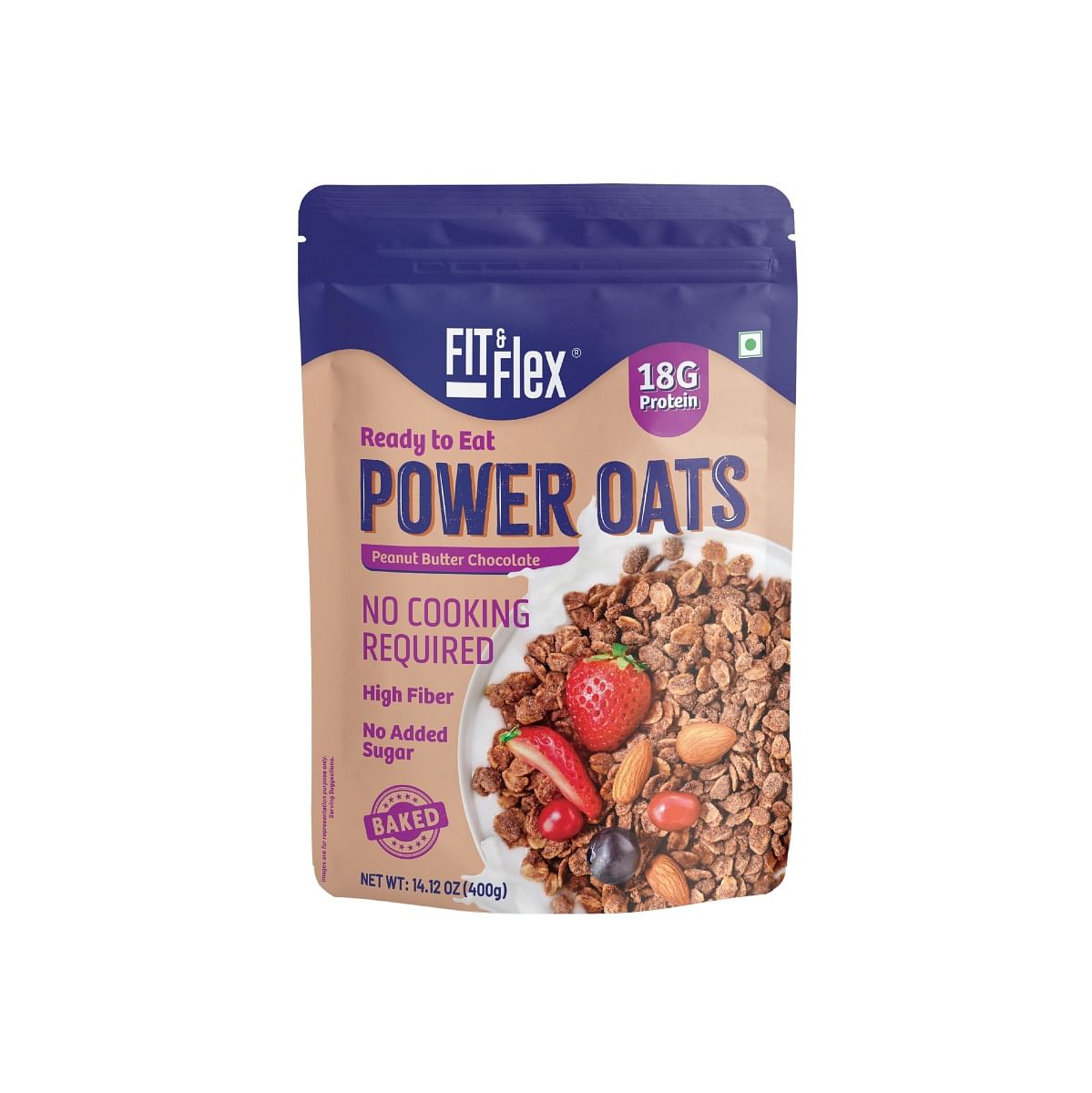 

Fit And Flex Power Oats | High Protein, Zero Sugar, Ready To Eat Baked Oats, Peanut Butter Chocolate, 400g | NO COOKING REQUIRED