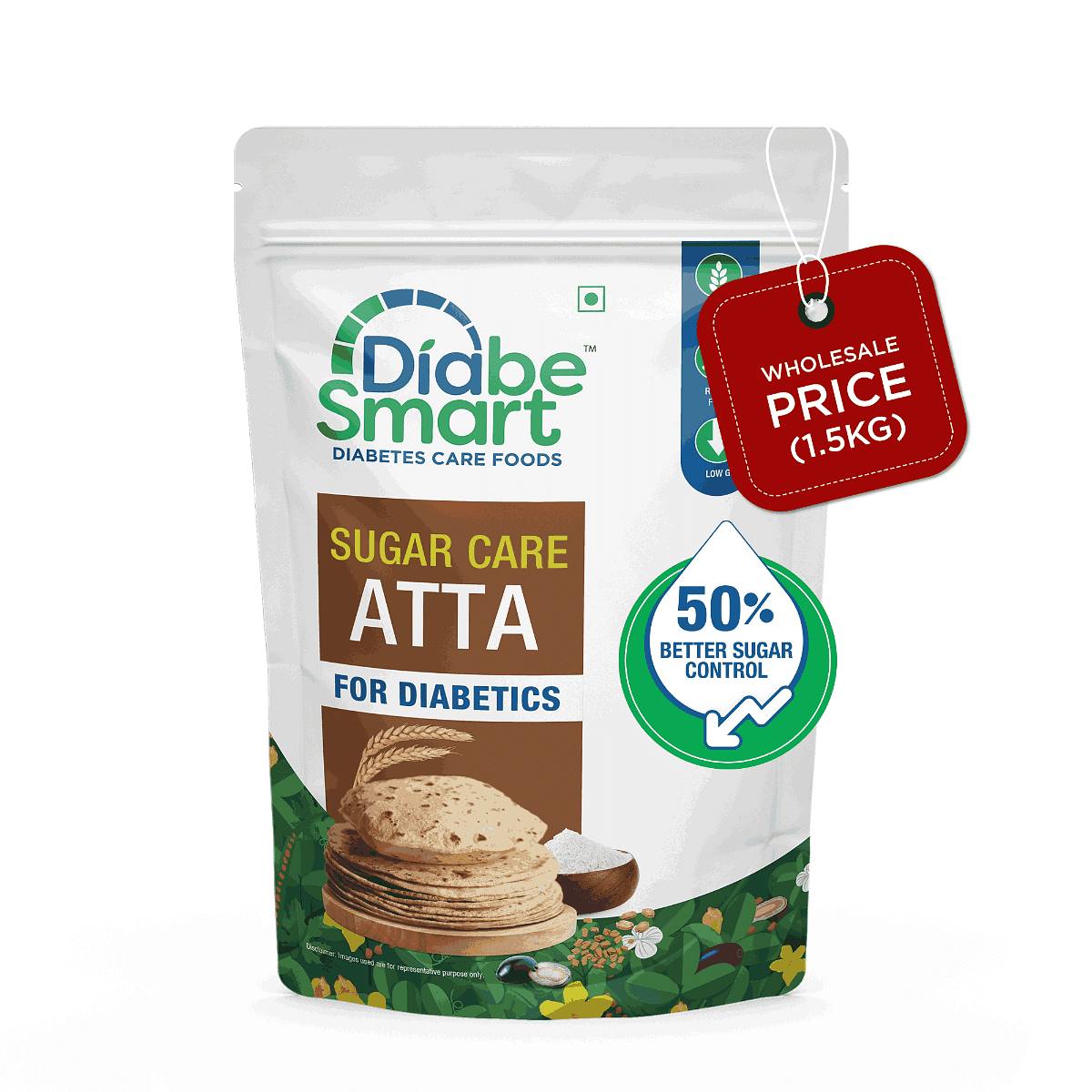 

DiabeSmart Sugar Care Atta 1.5Kg | 50% Better Blood Sugar Control | High Fiber Sugar Free Multigrain Atta | Low GI Atta Tested on Diabetics | Sugar...