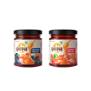 Eatopia Mixed Berry & Strawberry Sugar Free Honey Jam Combo with Strawberry, Mulberries & Blueberries | Pure & Natural with No Artificial Chemicals/Preservatives | Healthy Good for Gut Health- 480g