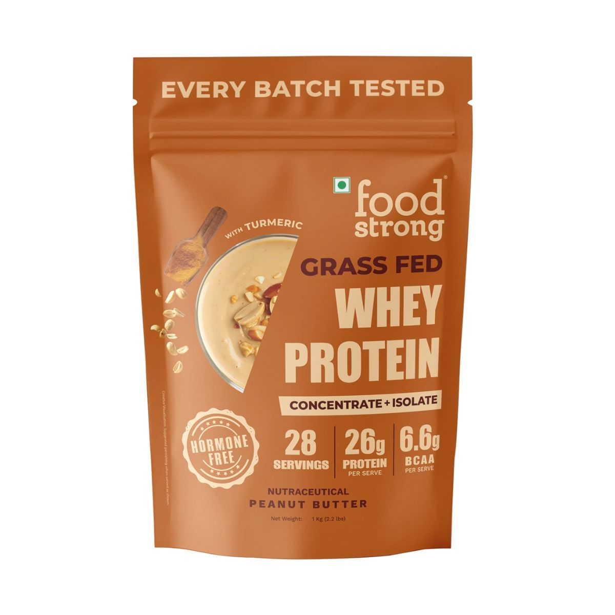

Foodstrong Whey Protein Powder (Concentrate + Isolate), 100% Hormone Free Grass-Fed Whey, 26G Protein & 6.6G BCAA, Peanut Butter, With Turmeric & D...