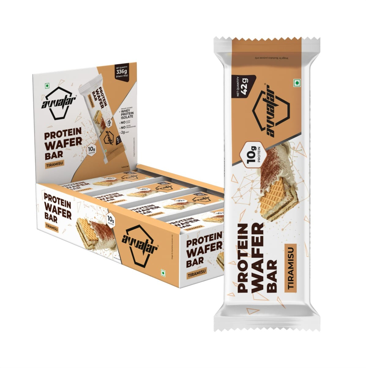 

Avvatar PROTEIN WAFER BAR | 10g Protein | Pack of (8 x 42g each) | Tiramisu Flavour