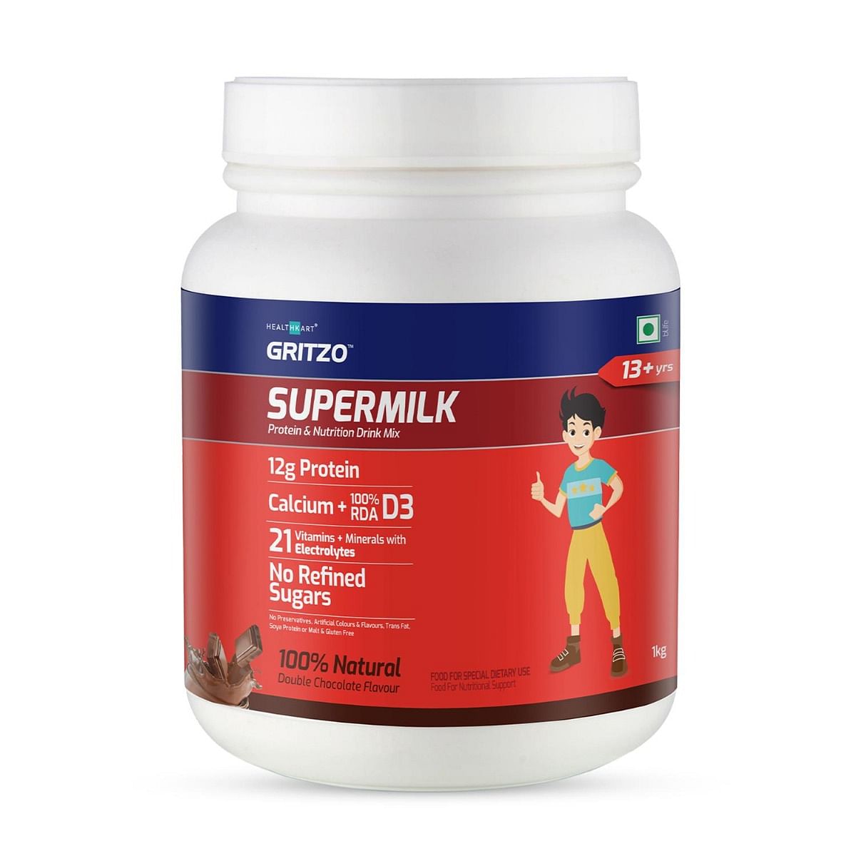 

Gritzo SuperMilk 13+y (Teen Athletes), Health Drink & Kids Nutrition, Protein Powder for Kids Growth & Sports, High Protein (13 g), Calcium + D3, 2...