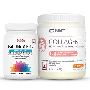 GNC Hair, Nails, & Beauty Combo | Marine Collagen Powder (Orange 200 gm) | Women's Hair, Skin and Nails (120 Tablets) | Reduces Fine Lines & Wrinkles | Strengthens Hair | Prevents Skin Damage