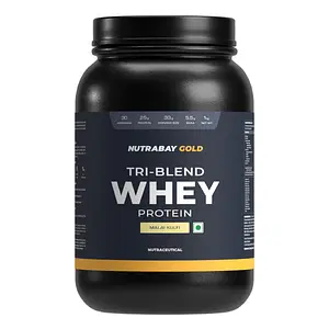 Nutrabay Gold Tri Blend Whey Protein Powder (Hydrolyzed, Isolate & Concentrate) - 25g Protein, 5.5g BCAA - 1Kg, Malai Kulfi
