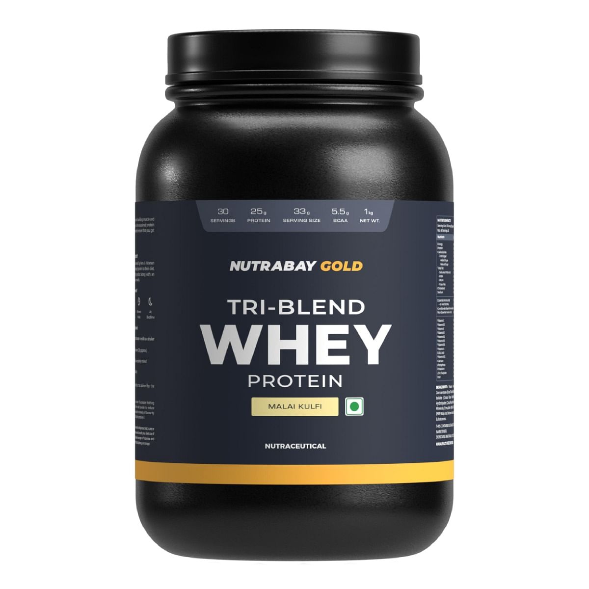 

Nutrabay Gold Tri Blend Whey Protein Powder (Hydrolyzed, Isolate & Concentrate) - 25g Protein, 5.5g BCAA - 1Kg, Malai Kulfi