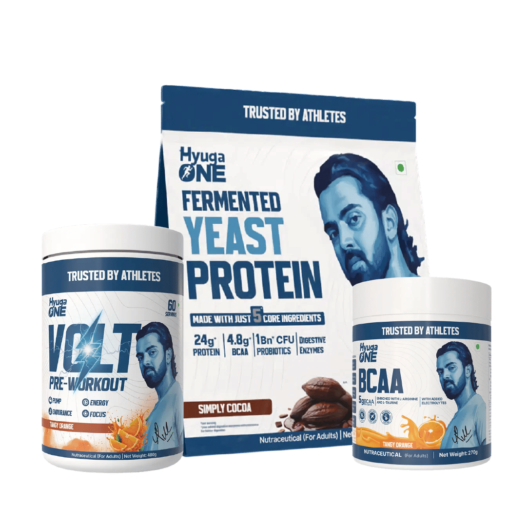 

Hyuga One Nutrition Combo : Yeast Protein Cacao Chocolate 1kg (24g Protein, Probiotics), VOLT Pre-Workout Tangy Orange 480g (100mg Caffeine), BCAA ...