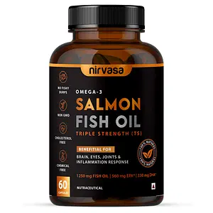 Nirvasa Salmon Fish Oil Triple Strength Softgel Capsule, for Healthy Heart, Brain and Eyes, enriched with Fish Oil 1250mg, EPA 560 mg & DHA 400 mg, Easy to swallow and No Fishy Burps, 1B (1 X 60 Softgel Capsule)
