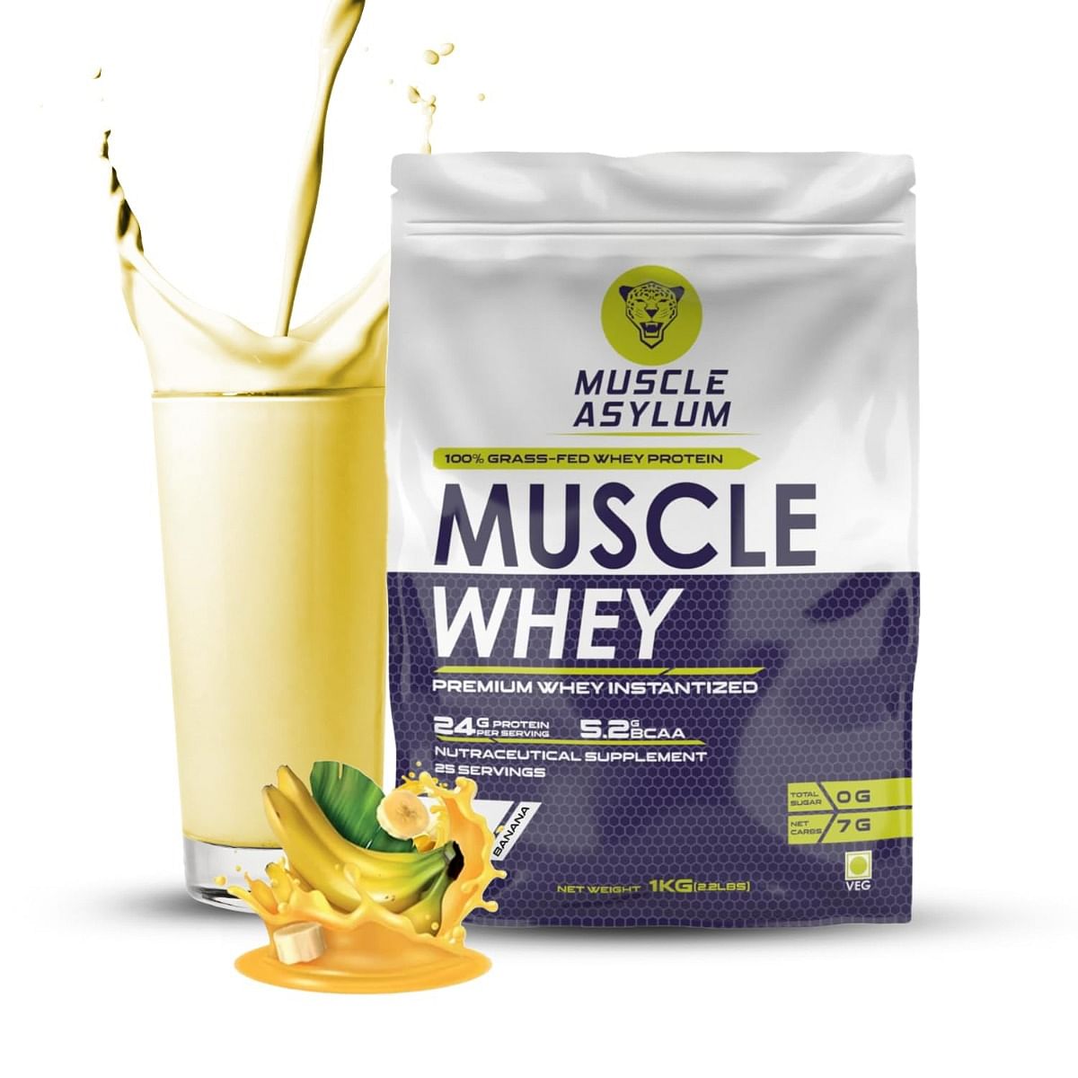 

Muscle Asylum Premium 100% Whey Protein, 24g Protein, 5.2g Bcaa, For Muscle Building & Recovery ,25 Servings (Banana)-1kg (2.2 lbs), Bag