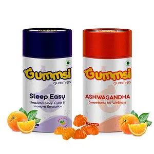 Gummsi Sleep Easy & Ashwagandha Gummies, with Ashwagandha & Vitamin D, Boost Immunity & Strength, Melatonin 5mg, Relieve Sore muscles, Wake Up Fresh & Energetic, 60 Gummies (Combo Pack of 2)