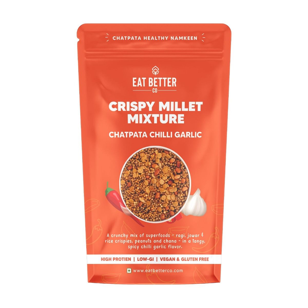 

Eat Better Co Crispy Millet Mixture - Chatpata Chilli Garlic - Healthy Namkeen 100g - Pack Of 1