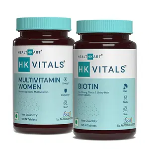 HealthKart HK Vitals Biotin 10000 mcg, for Hair, Skin & Nails Health, 90 Biotin Tablets and Multivitamin for Women with Ginseng Extract, Taurine and Multiminerals, 60 Multivitamin Tablets (Combo Pack)