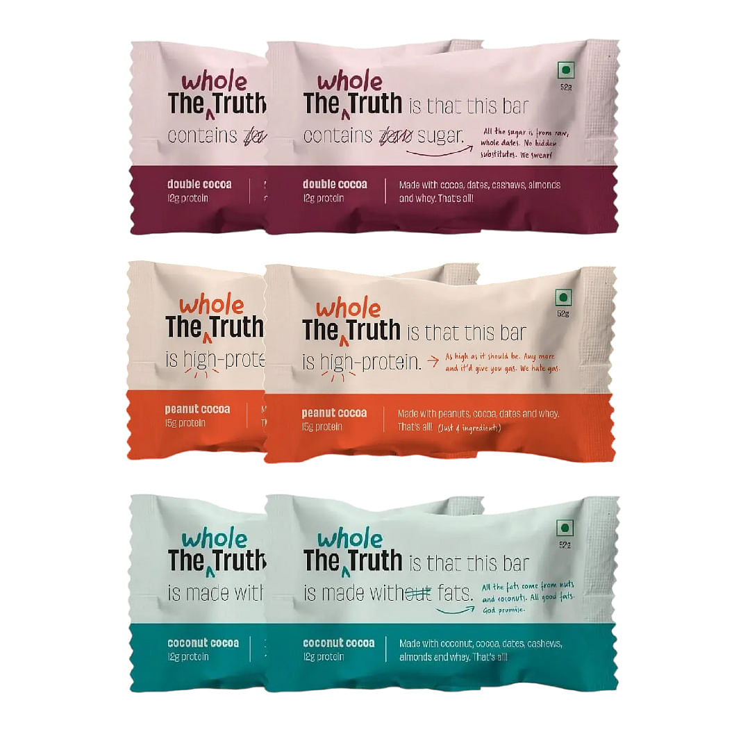 

The Whole Truth - Protein Bars | Choco Variety (2 Double Cocoa Bars, 2 Coconut Cocoa Bars, 2 Peanut Cocoa Bars) - Pack of 6 x 52g | No Added Sugar ...