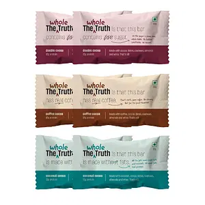 The Whole Truth - Protein Bars | Choco Variety (2 Double Cocoa Bars, 2 Coconut Cocoa Bars, 2 Peanut Cocoa Bars) - Pack of 6 x 52g | No Added Sugar | No Preservatives | No Artificial Sweeteners | Healthy Snack