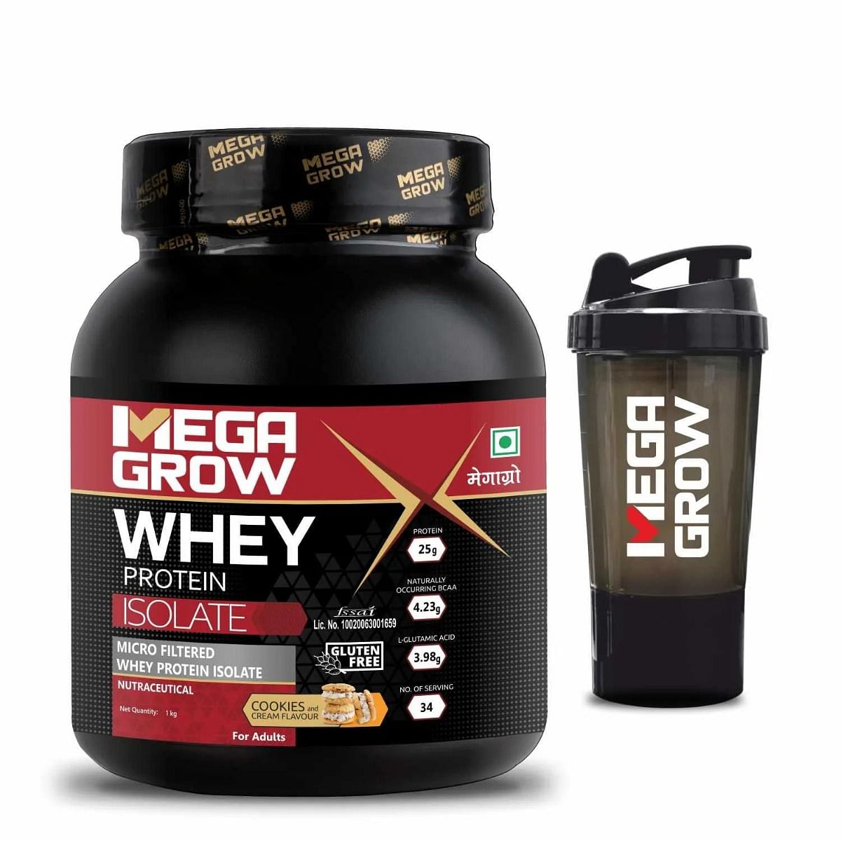 

Megagrow Isolate Whey Protein Powder Cookies and Cream Flavor with shaker, Energy 105.17kcal | 25g Protein, 4.23g BCAA| 34 Servings- Pack of 1 Kg