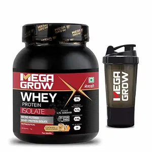 Megagrow Isolate Whey Protein Powder Cookies and Cream Flavor with shaker,  Energy 105.17kcal | 25g Protein, 4.23g BCAA| 34 Servings- Pack of 1 Kg