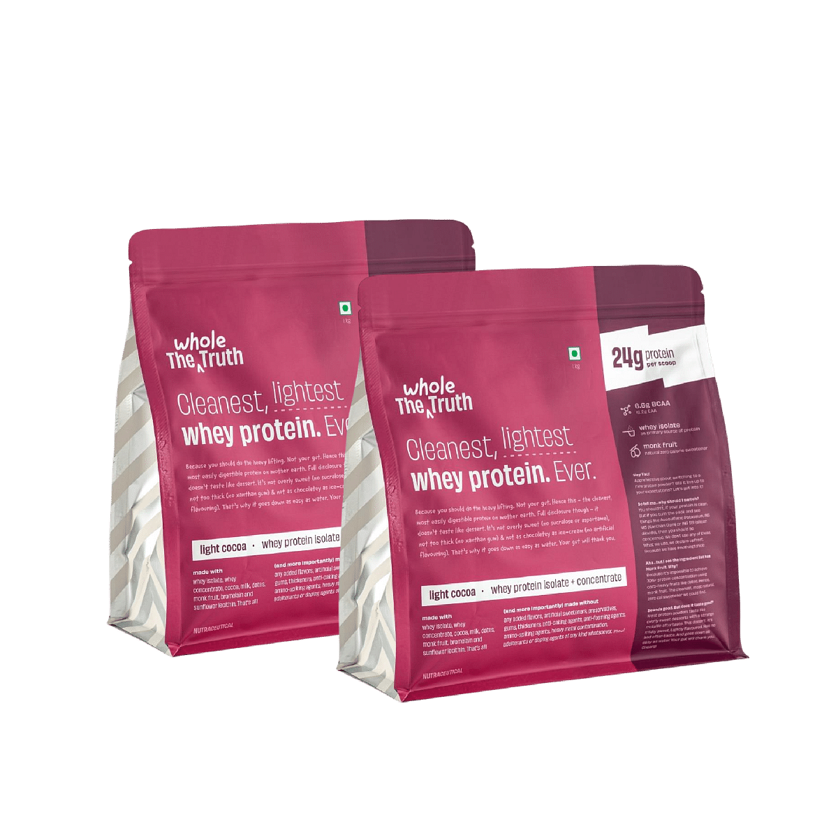 

The Whole Truth Whey Protein Isolate+Concentrate 1Kg | 28 Serving | Light Cocoa Flavour | 24g Protein | Strenght | Muscle Building Pack of 2