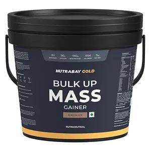 Nutrabay Gold Bulk Up Mass Gainer, Carbs to Protein Blend (3:1), 30g Protein with Digestive Enzymes, Vitamins & Minerals, Weight Gain Supplement  - 5kg, Chocolate