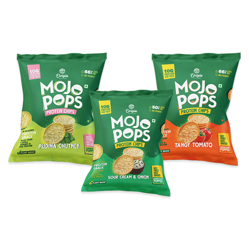 

Origin Nutrition Mojo Pops Plant Based Protein Chips in Assorted flavours With 10g Protein Per Pack Gluten Free Pack of 6 , 2 Tangy Tomato, 2 Pudin...