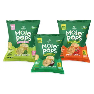 Origin Nutrition Mojo Pops Plant Based Protein Chips in Assorted flavours With 10g Protein Per Pack Gluten Free Pack of 6 , 2 Tangy Tomato, 2 Pudina Chutney, 2 Sour cream
