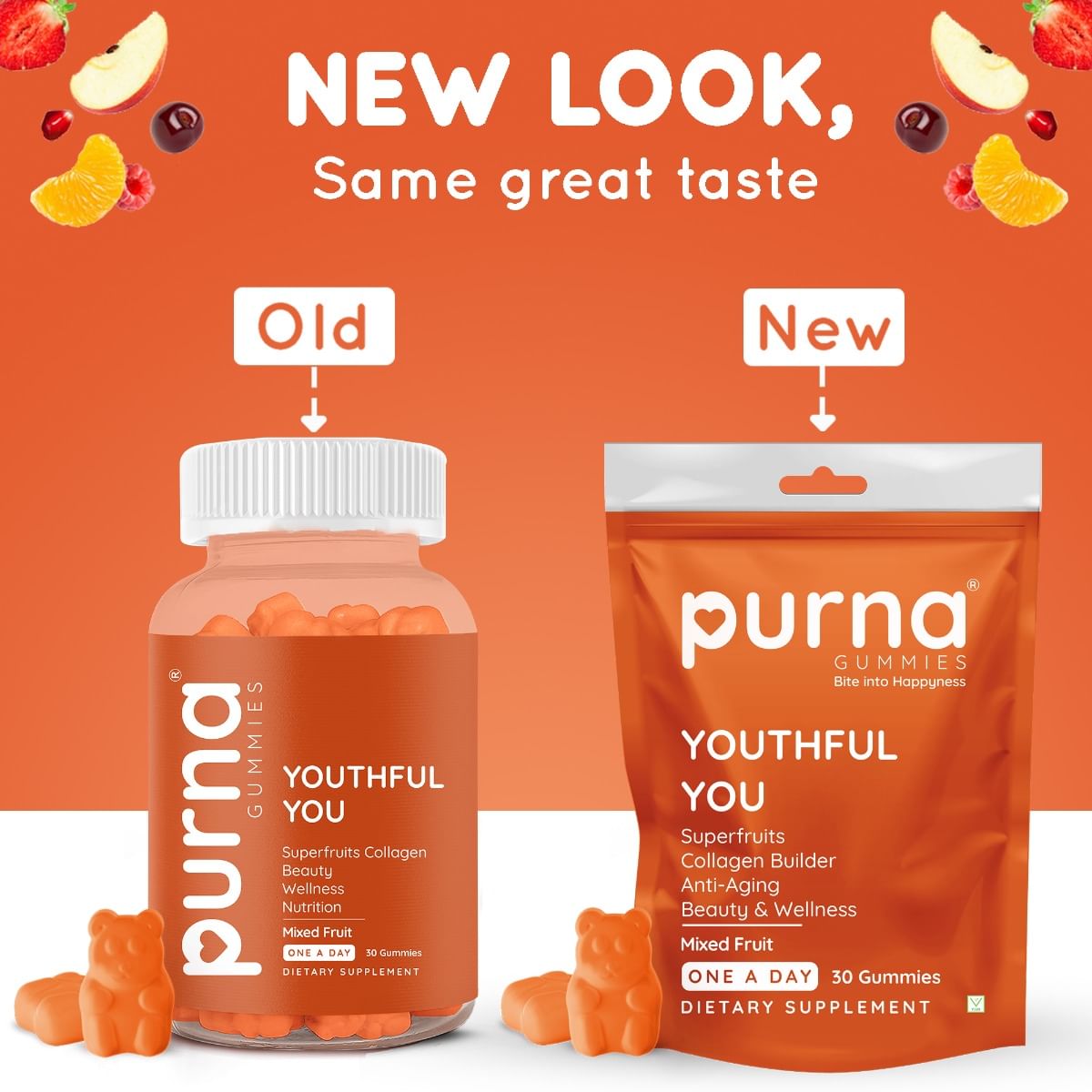 Purna Gummies Superfruits Collagen Gummies Mixed Fruit Flavor, with