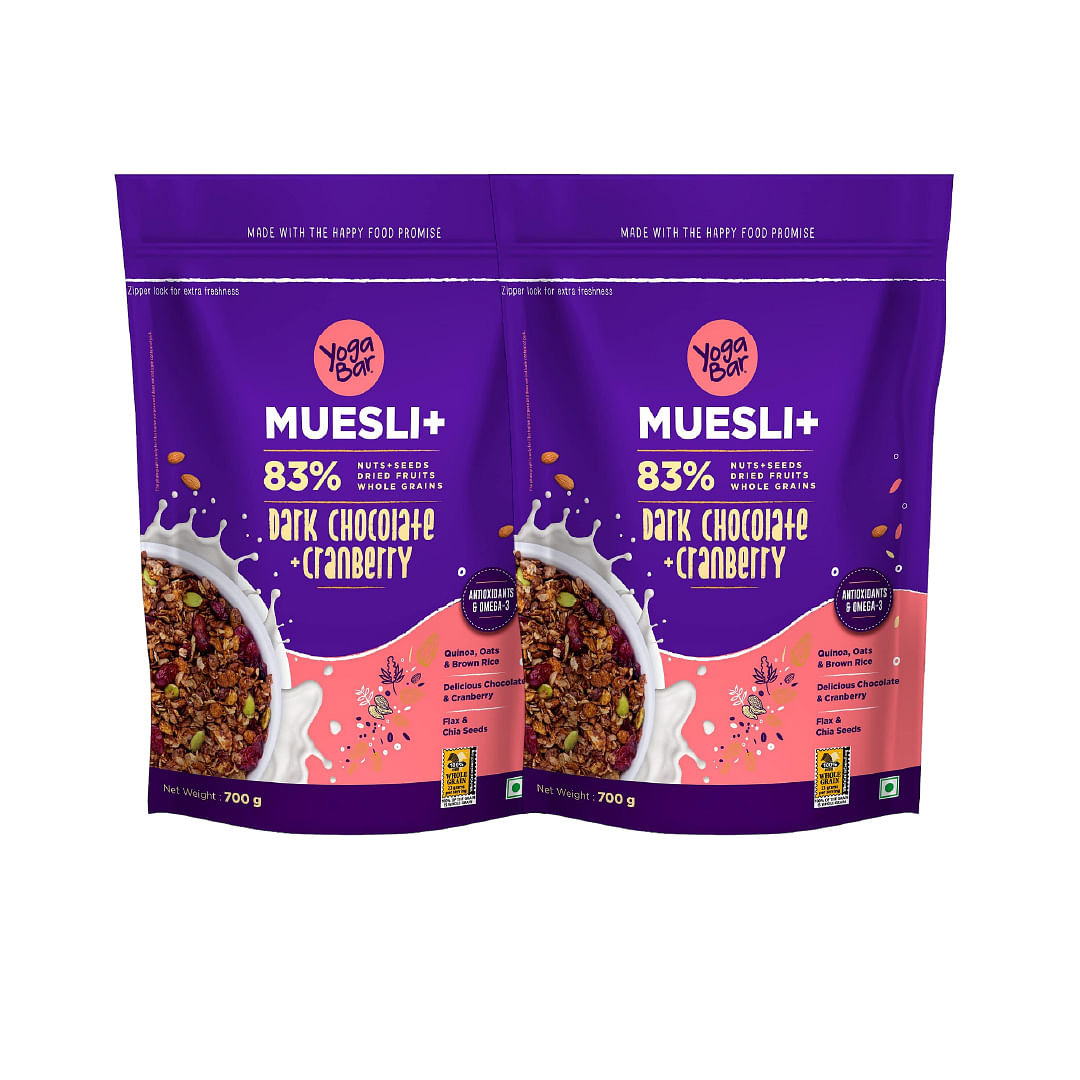 

Yogabar Dark Chocolate & Cranberry Muesli 700g - Breakfast Cereal with 83% Nuts & Seeds, Dried Fruits, & Whole Grains | Pack of 2