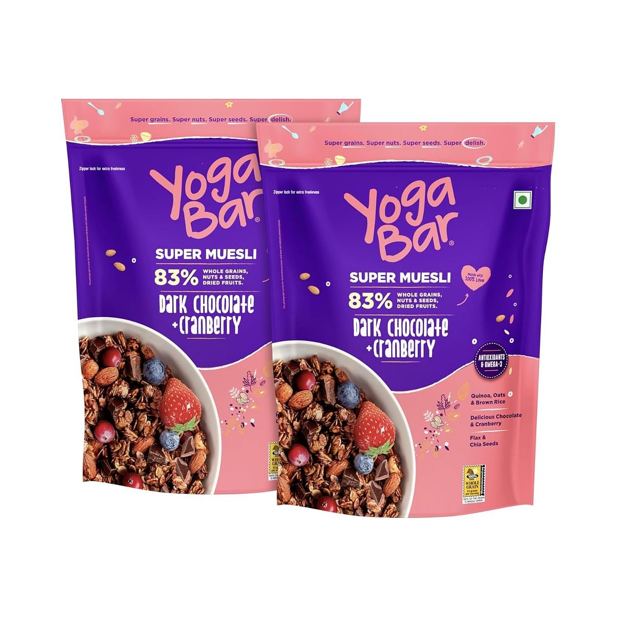 

Yogabar Wholegrain Breakfast Muesli - Dark Chocolate + Cranberry, 700g (Pack of 2) (Super Saver Pack) | Healthy Cereals | Granola | Gluten Free | A...