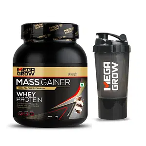 MegaGrow Mass Gainer Whey Protein Milk Chocolate Flavoured with Shaker (10 Servings) - Pack of 1 Kg