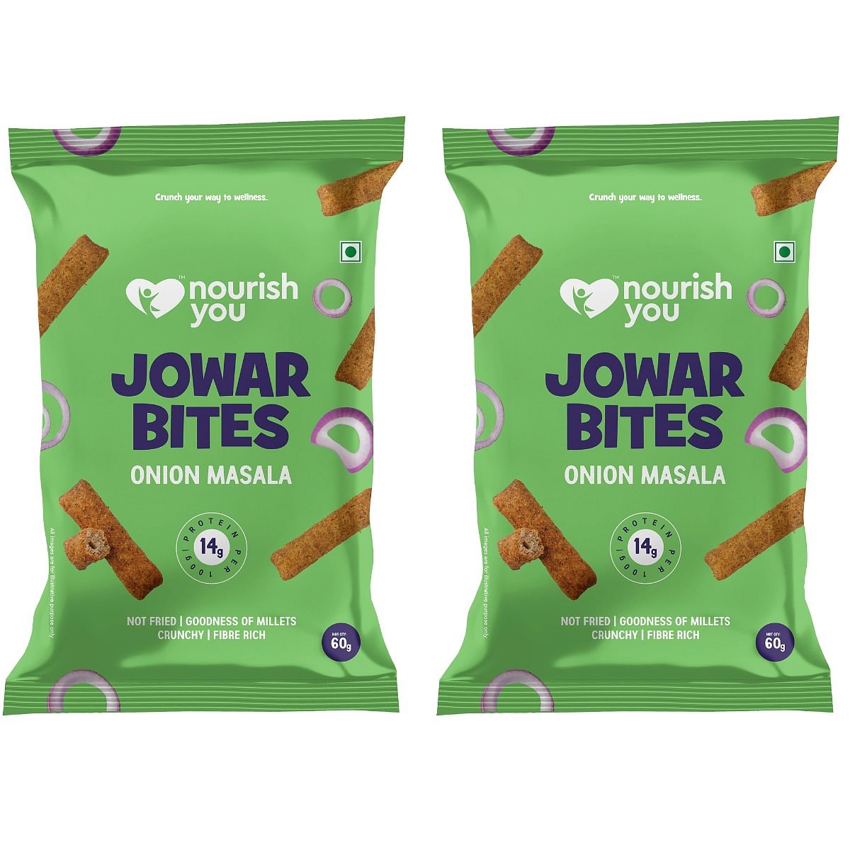 

Nourish You Organic Millet Snack - Jowar Bites( Chips ) - Onion Masala Flavour - Healthy Snacks , Gluten free -60gm (Pack of 2)