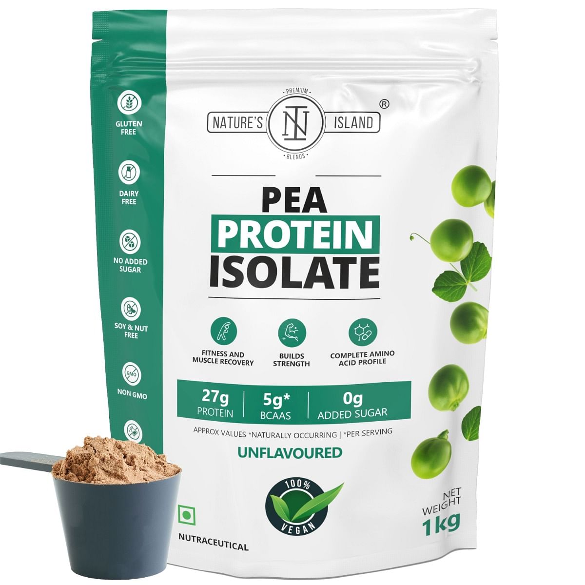 

Natures Island Vegan Plant Protein Powder (1kg, Unflavoured) 27g Protein (Pea Protein Isolate) with Complete Amino Acid Profile, Easy to Digest, Da...