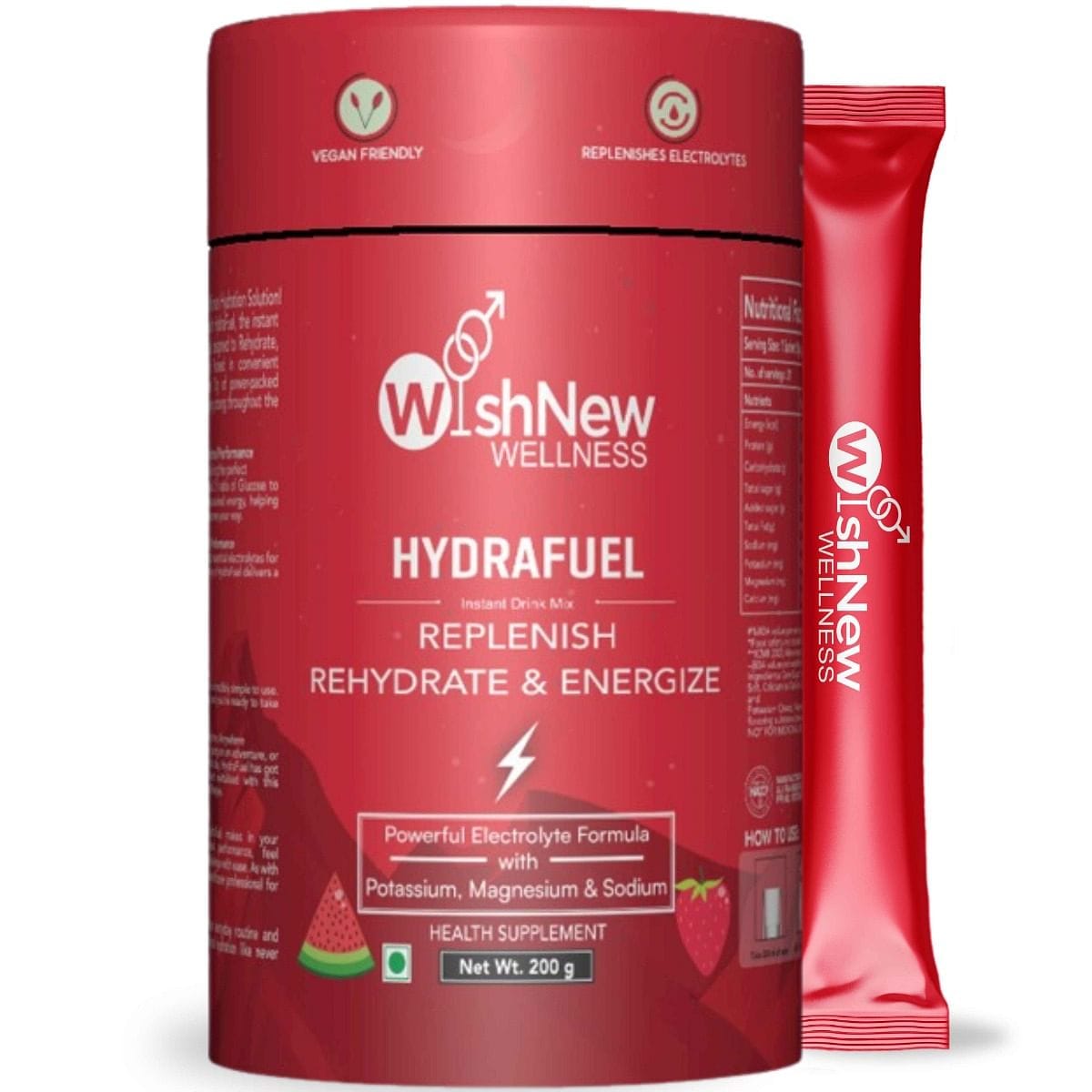 WishNew Wellness HYDRAFUEL Instant Drink Mix, 20 Servings | Strawberry & Watermelon Flavor | Replenish, Rehydrate & Energize | 100% Veg| 1 Sachet (10g) Per Serving